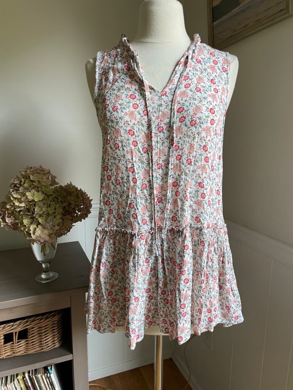 Cynthia Rowley Sleeveless Floral Ruffle Hem Tunic - Pink & Green on Cream